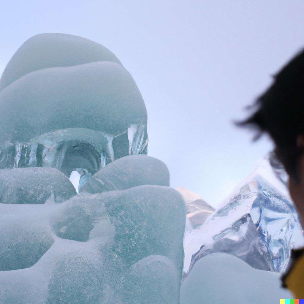 someone gazing at Mount Everest, ice sculpture